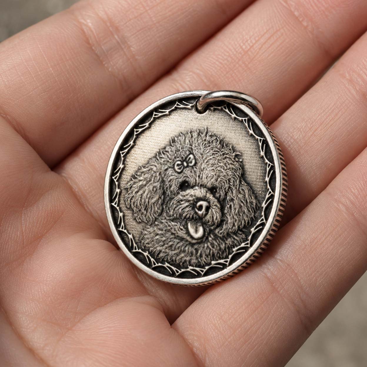 Emberlum Engraved Silver Coin — Custom Pet Portrait