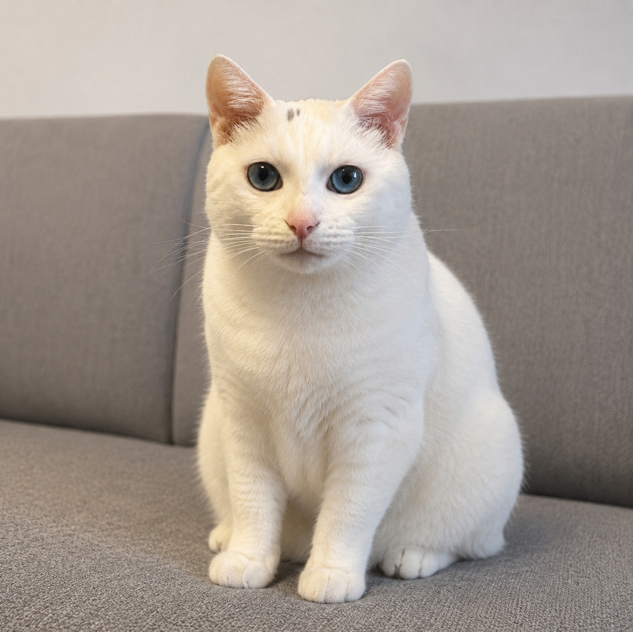 A white cat sitting on a grey sofa