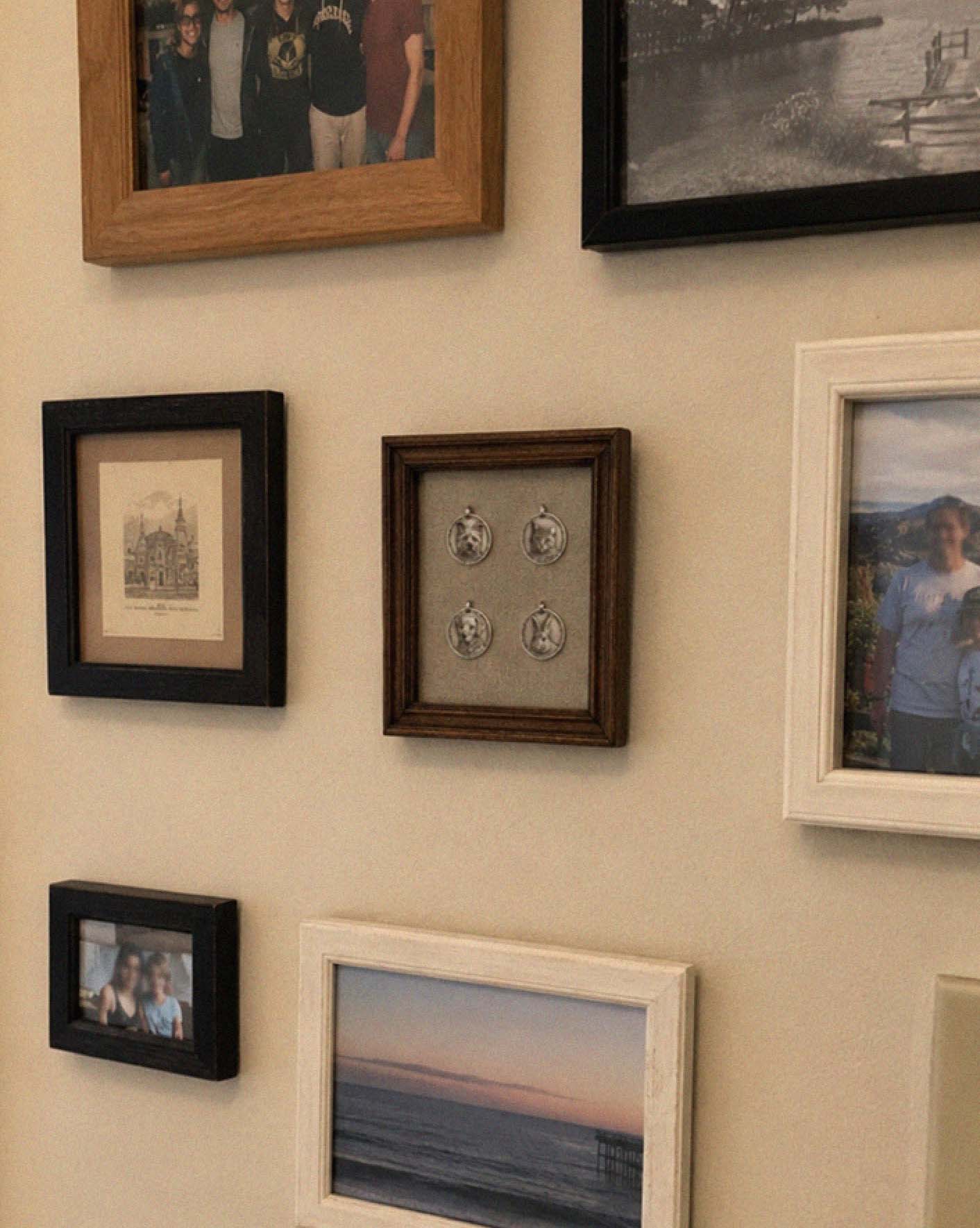 A wooden frame of hand-engraved animal coins on a hallway wall